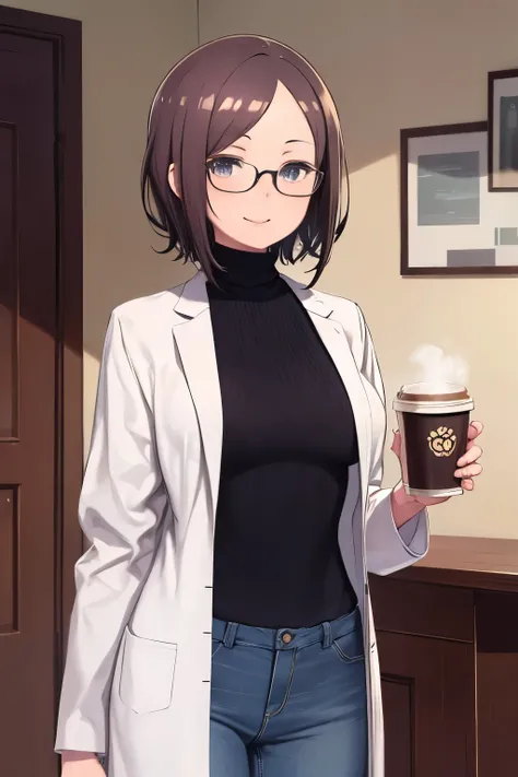 masterpiece、highest quality、High resolution、Very detailed、Mature Woman、Medium wide shot、Cowboy Shot、Short Hair、Shaggy Hair、Glasses、Turtleneck sweater、jeans、Clothes that fit the body、White、smile、indoor、lab coat、holding a coffee cup、