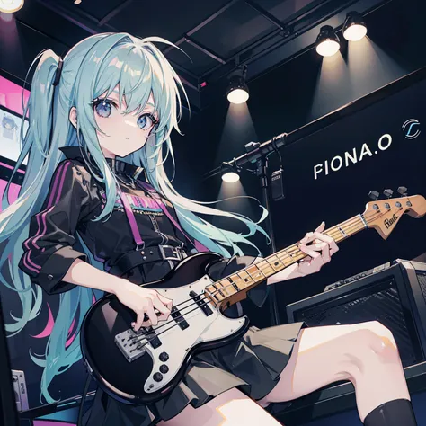 Tabletop,Very detailed,1 girl,alone,Bass guitar、Girl playing bass、黒いBass guitar、cool、Light music、rock、cool構図