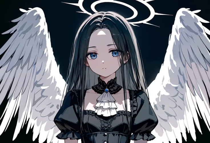 masterpiece, T-ponyai3 style, zoom out, score_9, score_8_up, score_7_up, portrait, 1girl, solo, black hair, long hair, parted bangs, dark blue eyes, innexpressive, pale skin, small breasts, upper body, victorian fashion, black dress, frilled dress, short s...