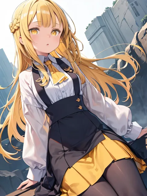 Guild Girl, Long Hair, Blonde, (Yellow Eyes:1.5), Braiding, single Braiding, skirt, shirt, Long sleeve, white shirt, pantyhose, black skirt, Best, long skirt, Yellow Ribbon, Ascot, yellow Ascot,