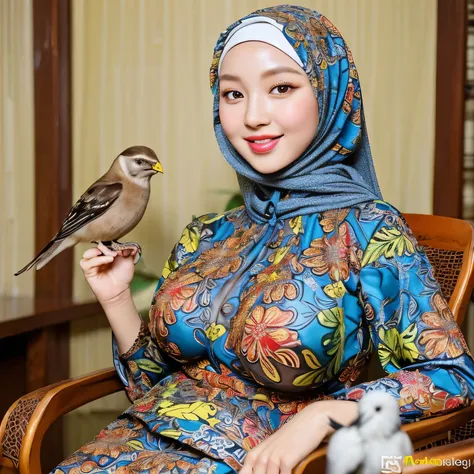 RAW, Best quality, high resolution, masterpiece: 1.3), beautiful Korean woman in hijab (iu:0.8)1beautiful Korean woman ,((big breast)),detail face,perfect yeyes, soft smile, sitting on a chair in a room with a bird cage, batik, traditional beauty, with bea...