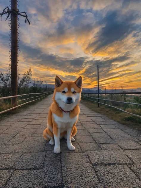 Sunset，Twilight，Long distance viewing，Realistically，multiple colour，Colorful，Wide-angle lens，Night Shooting，positive，Natural Style，HDR shooting，Shiba Inu，one person