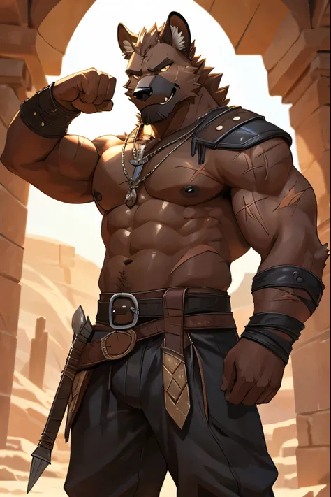 Masterpieces, furry, male, Anthropomorphic, old age, brown hyena, fit and slender body type, Delicate eyes, white goatee, grizzled fur, glistening body, raider, thief, marauder, brown skin, depth of field, warm lighting, bright lighting, (best quality),(ma...