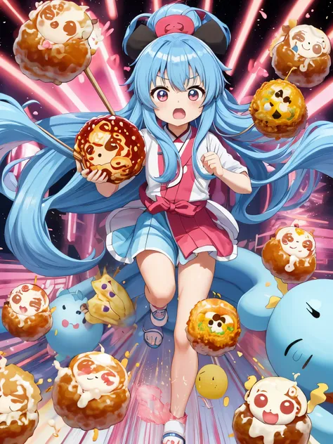 A big, big takoyaki is running、Light blue long hair、Twin-tailed Chibi Character、Surprised face、Chasing the Takoyaki