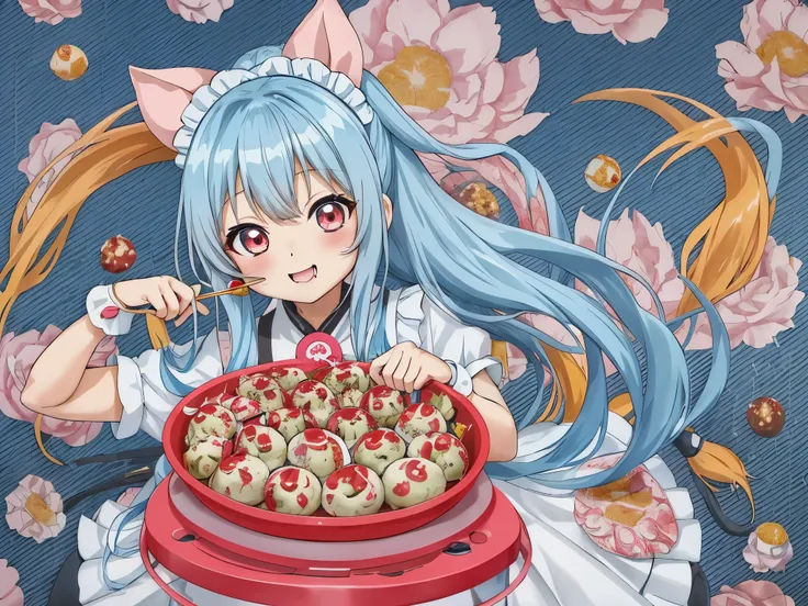 Girl eating takoyaki, Light blue long hair、Twin-tailed Chibi Character、A delicious smile、スプラッシュアート アニメ Lori, Best Anime 4K、Cute girl anime visuals, Cute chibi characters in lovely dresses Anime girl in maid outfit, , , , Anime Style 4k, , Cute Anime Girl