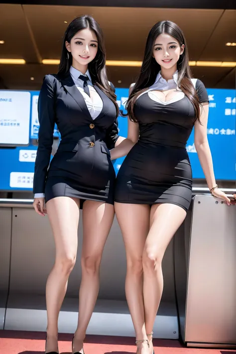 Top quality, ?masterpiece, 8K, Ultra-high resolution, (Reality:1.4), 2 girls in、Beautiful expression、Symmetrical eyes、Huge 、Perfect body proportions、Airline stewardess、Cleavage、Look at the audience、(at the airport:1.2)、Long legs(1.3)、a smile，Body proportio...