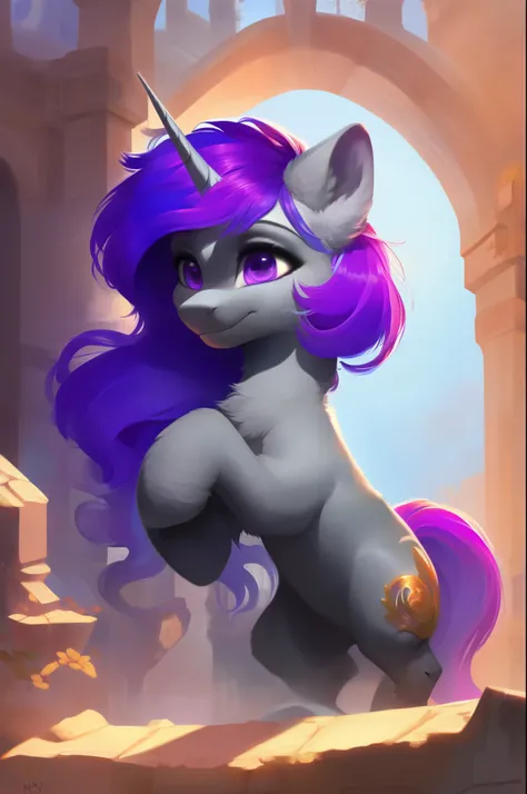 rating_safe, score_9, fluffy, feral unicorn pony, gray body, purple hair, purple eyes