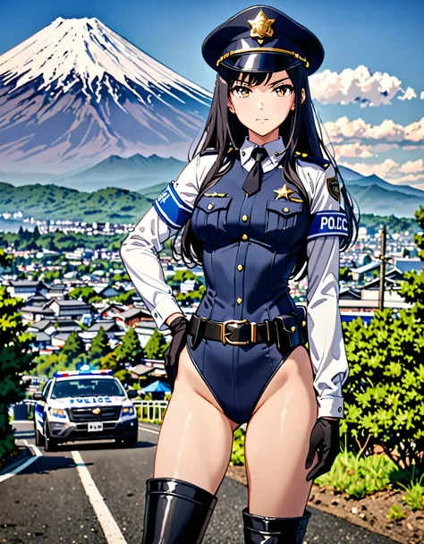 (masterpiece), (best quality), (high res),1girl, tall body, ((long hair, jet black hair)), (hazel eyes) beautiful detailed eyes, beautiful detailed face, cute face, perfect hands, complete fingers, perfect anatomy, perfect proportions, ((hat, black police ...