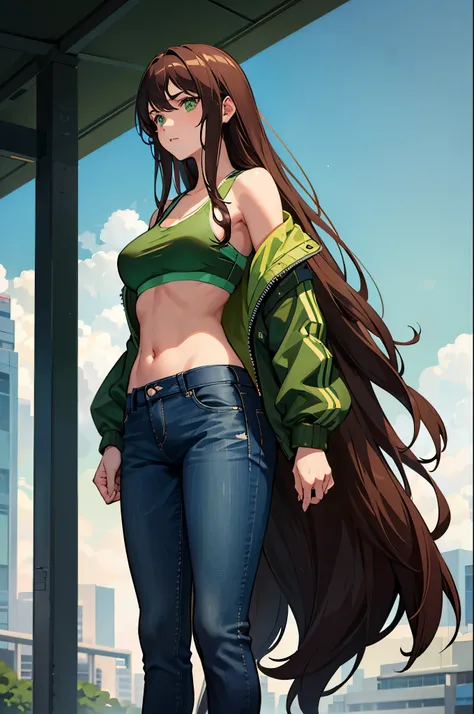 1woman, long brown hair, green eyes, sports bra, jacket, jeans, standing on ground, high res, ultra sharp, 8K, masterpiec