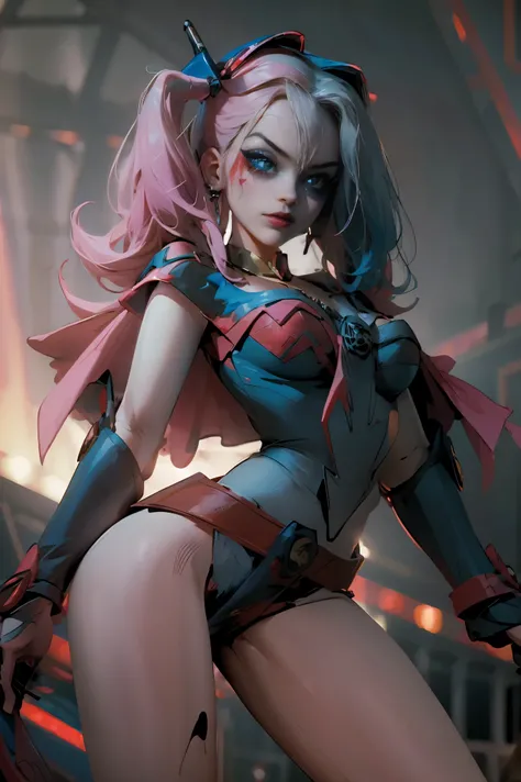 Maga oscura gils vestida de Harley Quinn. Tiene cabello rubio y negro. Ojos azules. Labios rojos. Dark magician gils is dressed as Harley Quinn. Pose sensual y inocente. Fondo de circo 