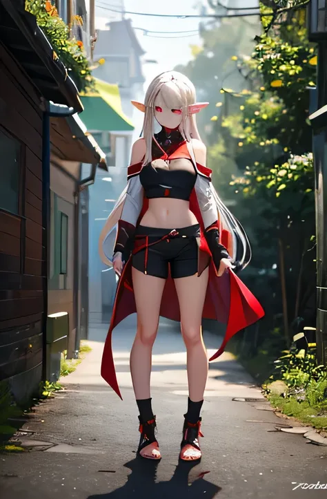 view straight standing in full growth young beautiful elf vampire long ash hair red eyes serious facial expression dark open top on the chest sports shorts on the legs Czech shoes cutout on the chest open breasts of the second size