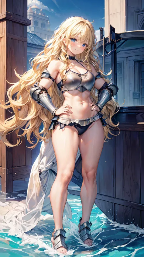 Very detailed、highest quality、Best image quality、masterpiece、8k、Anime Face、A kind smile、Open your mouth、Sparkling blue eyes、(Blonde wavy hair:1.5)、、Muscles of the whole body、Hands on hips、camisole、Thigh belt、mini skirt、(Wearing bikini armor:1.5)