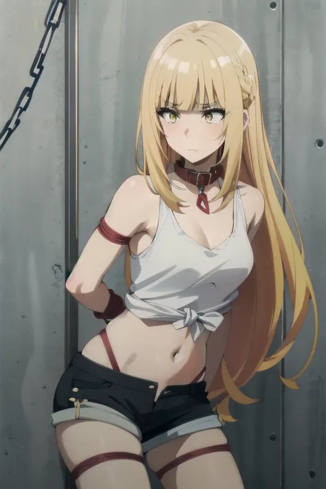 ((collar,leash,tied up,bondage,scared expression)),1Girl, solo,yellow eyes, blonde hair,,shorts,top-tank
