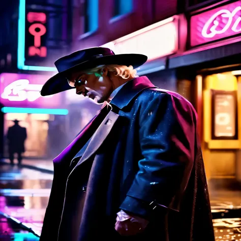 Arafed man in a long coat and hat stands in the rain, battered technology. neo black style, neo black style, neo - black style, neo - black, Neo-noir, neo black, Black Neon, battered city. neo black style, inspired by Roger Deakins, blade runner lighting, ...