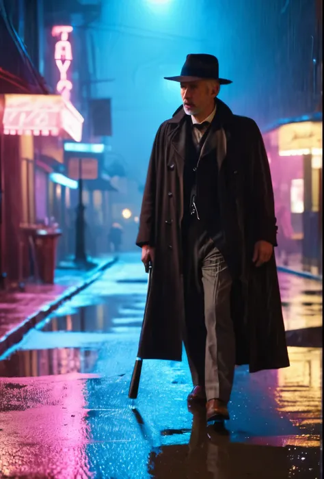 Cinematic film yet {Neon Noir Showdown: (masterpiece, 8K, UHD, photorealistic:1.3), gray-haired detective with (stubble and piercing scarlet eyes:1.1), (Cloak:1.2), fedora hat, in a rain-wet alley, neon signs reflected in puddles, tense confrontation with ...