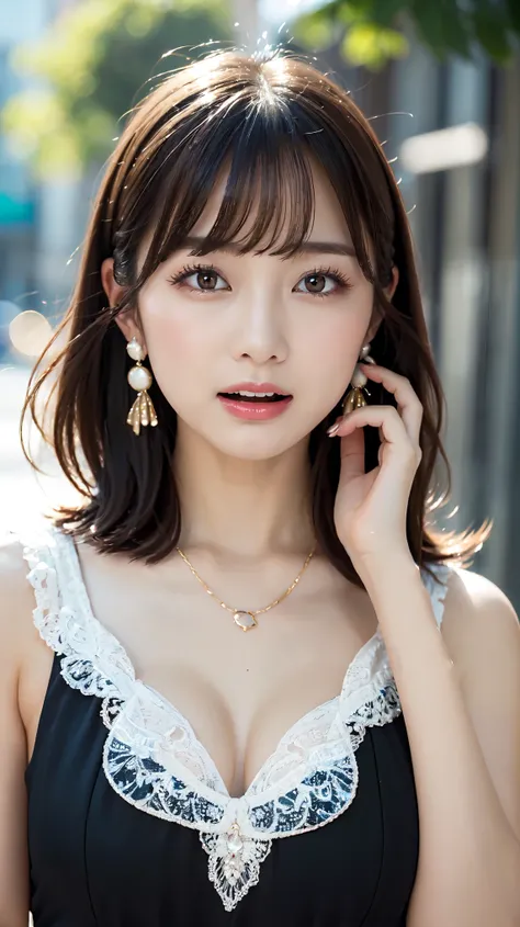 1 female, Beautiful Japanese actresses, Age 25, Double Eyes,mile, Detailed face, Big earrings，Large Necklace, Flashy makeup using red eyeshadow，light brown delicate middle cut hair，the tips of the hair are wavy，Classy hairstyle，fine grain,Slender actress, ...