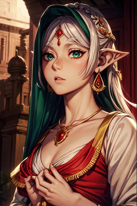 Frieren, white hair, elf ears, green eyes, ((Indian outfit, saree, red dress)), flat chest