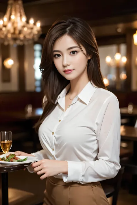 masterpiece, highest quality, Realistic, Very detailed, Finer details, High resolution, 8k wallpaper, One beautiful woman, Wear casual business attire, In a great restaurant, At night, Light brown messy hair, Perfect dynamic composition, Beautiful and beau...