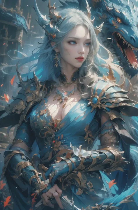 槍を持った美しきfemale dragon knight, rin々しいfemale dragon knight, a beautiful woman with a dragon, god&#39;s kin, 詳細なfantasy art, fantas...