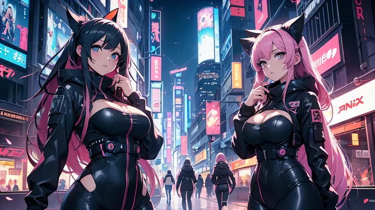 chicas anime en catsuits posando en una ciudad por la noche., oppai ciberpunk, anime ciberpunk art, anime ciberpunk, arte del an...