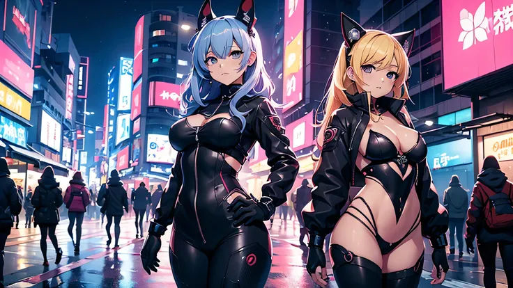 Chicas anime en catsuits posando en una ciudad por la noche., oppai ciberpunk, anime ciberpunk art, anime ciberpunk, arte del anime ciberpunk, digital arte del anime ciberpunk, ciberpunk digital - arte anime, anime ciberpunk moderno, anime ciberpunk digita...