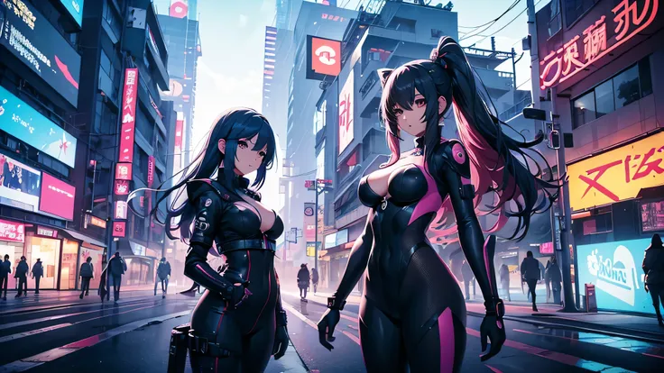 Chicas anime en catsuits posando en una ciudad por la noche., oppai ciberpunk, anime ciberpunk art, anime ciberpunk, arte del anime ciberpunk, digital arte del anime ciberpunk, ciberpunk digital - arte anime, anime ciberpunk moderno, anime ciberpunk digita...