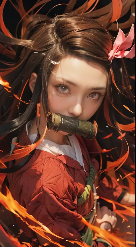 a girl with long hair and a bow in her hair, nezuko, nezuko-chan, demon slayer artstyle, demon slayer rui fanart, ayaka genshin impact, rin tohsaka, official artwork, demon slayer, tanjiro kamado, flaming katana, kawacy, anime visual of a cute girl