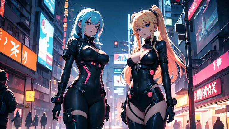 Chicas anime en catsuits posando en una ciudad por la noche., oppai ciberpunk, anime ciberpunk art, anime ciberpunk, arte del anime ciberpunk, digital arte del anime ciberpunk, ciberpunk digital - arte anime, anime ciberpunk moderno, anime ciberpunk digita...