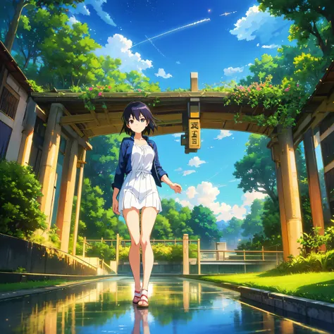 High quality masterpieces, landscapes, clouds, anime train passing water bodies on railway tracks in the distance, bright starry sky. traveler, romantic lights, pixiv, concept art, lofi art style, reflection. Makoto Shinkai, rophy art, beautiful anime scen...