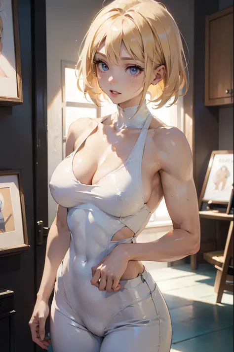 ((masterpiece)), ((best quality)), ((best quality)), (Illustration of One Girl), whole body, 25 years old,, Blonde, short hair, ((Muscular body)), ((Muscular body)), ((Muscular body)), )), (White clothes), (White pants),  Trench coat, （Very large breasts））...