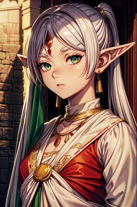 Frieren, white hair, elf ears, green eyes, ((Indian outfit, saree, red dress)), flat chest