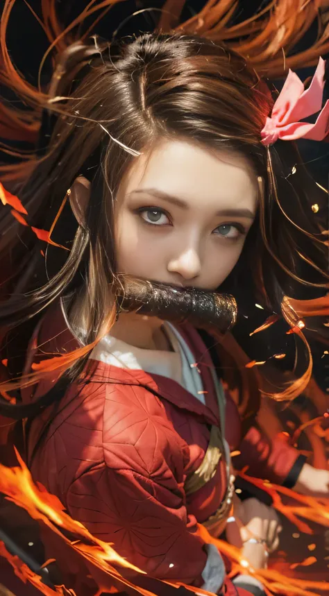 a girl with long hair and a bow in her hair, nezuko, nezuko-chan, demon slayer artstyle, demon slayer rui fanart, ayaka genshin impact, rin tohsaka, official artwork, demon slayer, tanjiro kamado, flaming katana, kawacy, anime visual of a cute girl