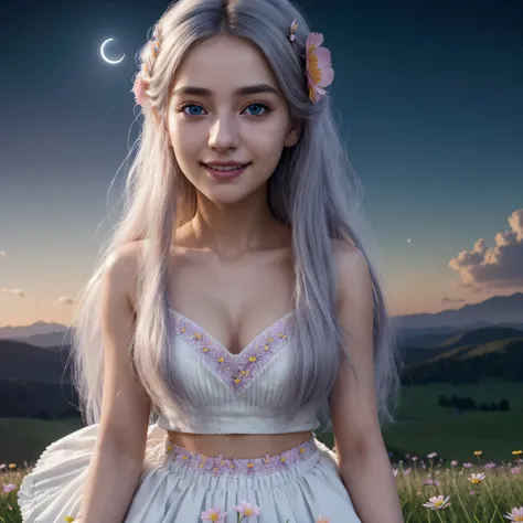 masterpiece, best quality, 1girl, (colorful),(finely detailed beautiful eyes and detailed face),cinematic lighting,bust shot,extremely detailed CG unity 8k wallpaper,white hair,solo,smile,intricate skirt,((flying petal)),(Flowery meadow) sky, cloudy_sky, b...