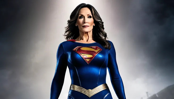 MARVEL CINEMATIC UNIVERSE, Marvel, DC, Katey Sagal in 1938 Superman costume, epic background, upper body, badass look, photo (Masterpiece) (Best quality) (detail) (8K) (HD) (Wallpaper) (Cinematic lighting) (Sharp Focus) (Intricate)