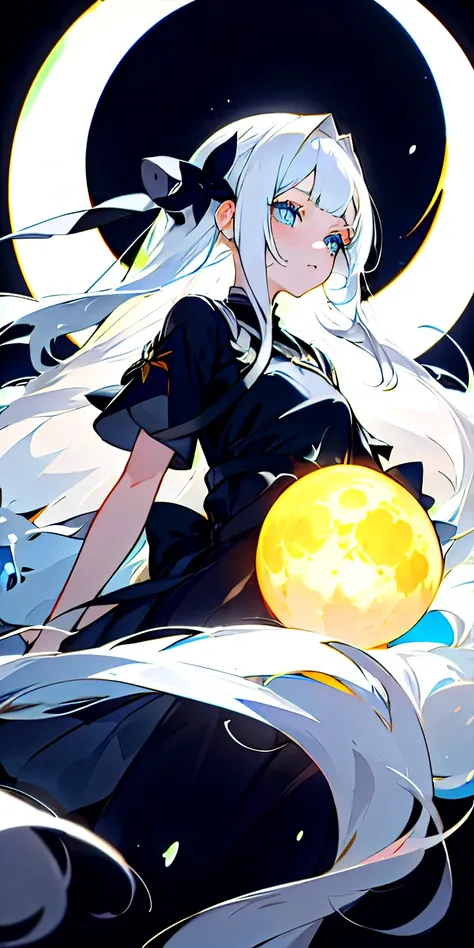 Anime young adult girl with white hair and blue eyes and yellow moon, white hair deity, long white hair, closed moon shame flower, eyelashes have highlights, strap black dress, simple black hair bow