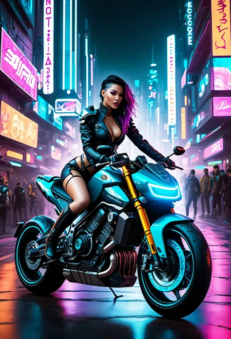 {{A stunningly beautiful and sexy woman piloting a high-performance racing motorcycle in a realistic Cyberpunk estilo}}, every intricate detail meticulously crafted to perfection. Esta es una imagen inspirada en Cyberpunk que personifica {((the fusion of e...