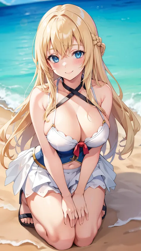 blonde hair,blue eyes,long hair,smile,,,,solo,suimsuit,big breasts,saggy breasts,kneeling,blush,resort beach,french braid