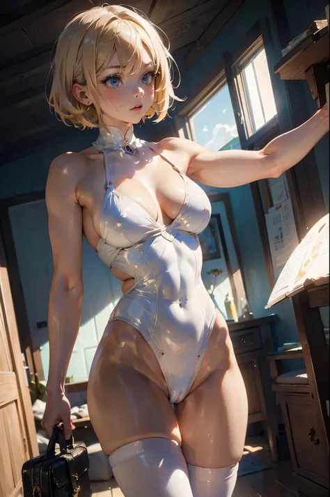 ((masterpiece)), ((best quality)), ((best quality)), (Illustration of One Girl), whole body, 25 years old,, Blonde, short hair, ((Muscular body)),  (White tights),, （Very large breasts）），（（Grooves reveal original skin））