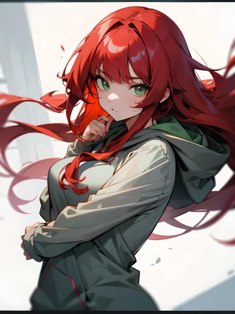 Long red hair, green eyes, see-through bangs, 2D girl, grey hoodie