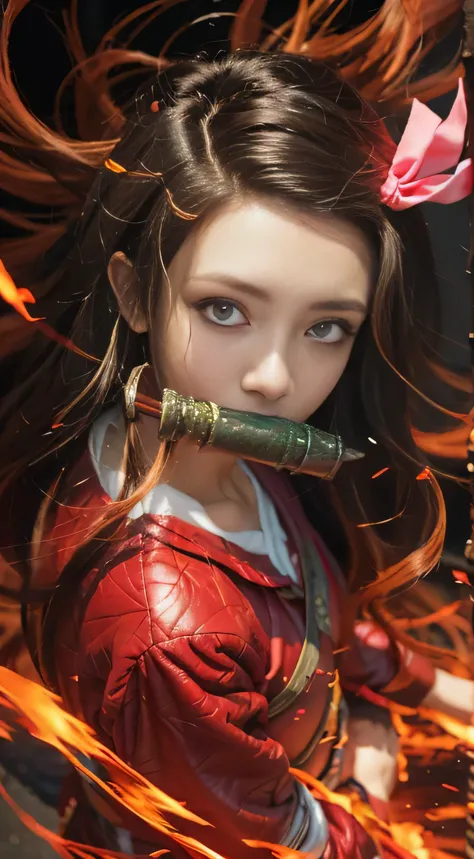 a girl with long hair and a bow in her hair, nezuko, nezuko-chan, demon slayer artstyle, demon slayer rui fanart, ayaka genshin impact, rin tohsaka, official artwork, demon slayer, tanjiro kamado, flaming katana, kawacy, anime visual of a cute girl