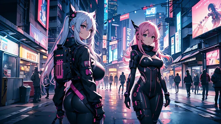 Chicas anime en catsuits posando en una ciudad por la noche., oppai ciberpunk, anime ciberpunk art, anime ciberpunk, arte del anime ciberpunk, digital arte del anime ciberpunk, ciberpunk digital - arte anime, anime ciberpunk moderno, anime ciberpunk digita...