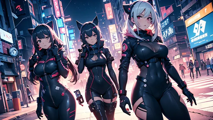 Chicas anime en catsuits posando en una ciudad por la noche., oppai ciberpunk, anime ciberpunk art, anime ciberpunk, arte del anime ciberpunk, digital arte del anime ciberpunk, ciberpunk digital - arte anime, anime ciberpunk moderno, anime ciberpunk digita...