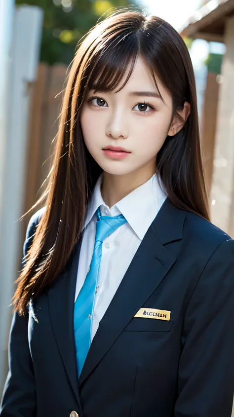 (Beautiful and detailed skin,Perfect Anatomy),At dusk,Sunset sky,School building,Schoolyard,14 years old,cute,single eyelid,Long black hair,School Blazer Uniform,Bust up shot, Beautiful detailed girl, very detailed eyes and face, Beautiful and beautiful ey...