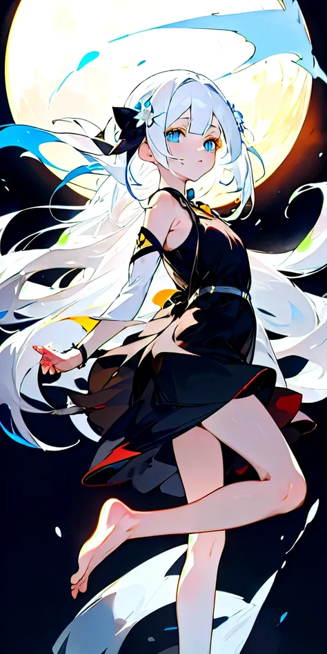 anime young adult girl with white hair and blue eyes and yellow moon, white hair deity, long white hair, closed moon shame flower, eyelashes have highlights, strap black dress, simple black hair bow, barefoot