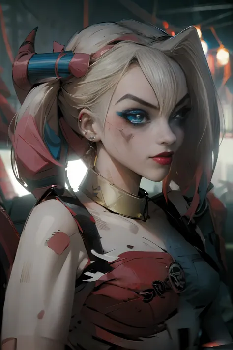 maga oscura gils vestida de harley quinn. tiene cabello rubio y negro. ojos azules. labios rojos. dark magician gils is dressed ...