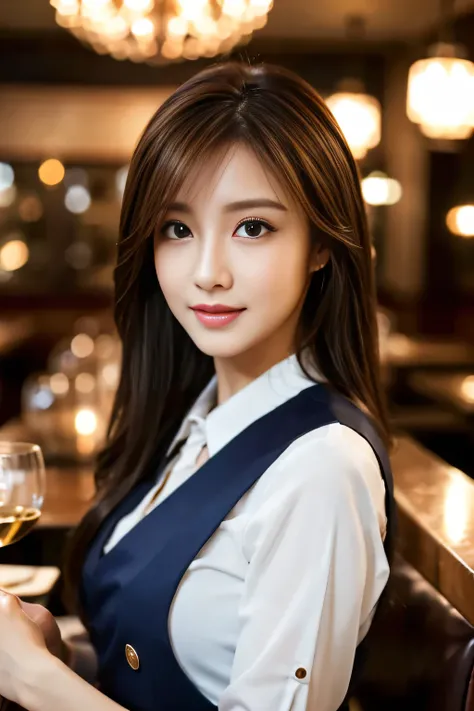 masterpiece, highest quality, Realistic, Very detailed, Finer details, High resolution, 8k wallpaper, One beautiful woman, Wear casual business attire, In a great restaurant, At night, Light brown messy hair, Perfect dynamic composition, Beautiful and beau...