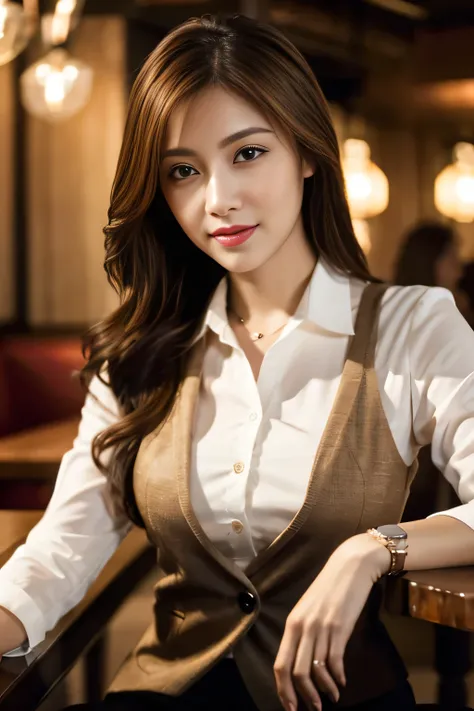 masterpiece, highest quality, Realistic, Very detailed, Finer details, High resolution, 8k wallpaper, One beautiful woman, Wear casual business attire, In a great restaurant, At night, Light brown messy hair, Perfect dynamic composition, Beautiful and beau...