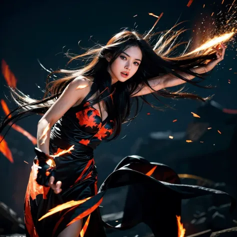 a girl, dramatic lighting, intense gaze, flowing hair, dynamic pose, battle-ready expression, vibrant colors, high contrast, energy burst, flying debris, epic scenery, sparks, intense action, powerful moves, strong presence, detailed eyes and face, dark ba...