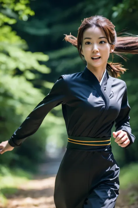 skinny Japanese woman in black Ninja kimono costume running to escape in the dark forest, beautiful face, ((detailed face, detailed eyes)), high quality, high resolution, hyperrealistic photo, Photo of beautiful moment, award-winning, masterpiece