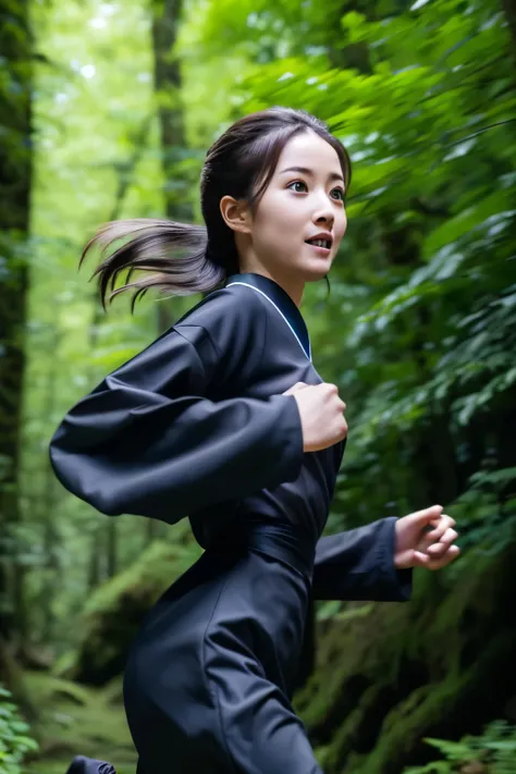 skinny Japanese woman in black Ninja kimono costume running to escape in the dark forest, beautiful face, ((detailed face, detailed eyes)), high quality, high resolution, hyperrealistic photo, a photo capturing a beautiful moment, award-winning, masterpiec...